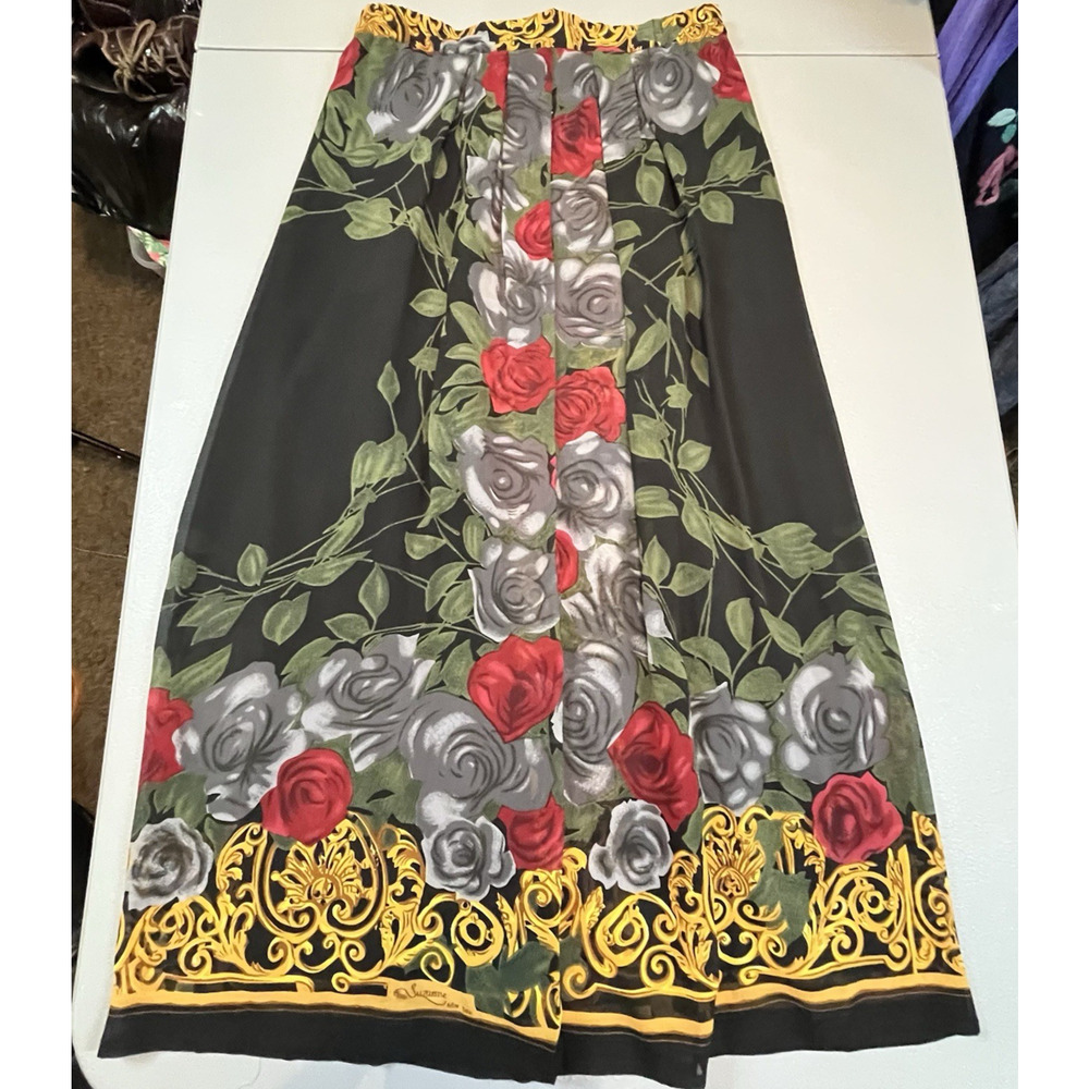 100% Silk Vintage Floral A-Line Maxi Medium Romantic Pleated Fairy Skirt Suzanne